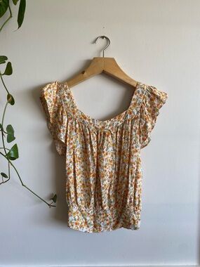 Aura Floral Flutter Sleeve Blouse Small | Mustard Yellow Cottagecore Top